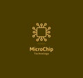 Microchip abstract linear vector logo. Microprocessor plain icon. Digital art design element. Smart technology logotype.