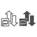 Microchip and arrows line and solid icon. Processor bus data peak throughput symbol, outline style pictogram on white
