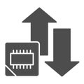 Microchip and arrows solid icon. Processor bus data peak throughput symbol, glyph style pictogram on white background