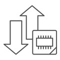 Microchip and arrows thin line icon. Processor bus data peak throughput symbol, outline style pictogram on white