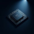 Microchip on a circuit board, centrally placed, illuminated from above in a spotlight. Royalty Free Stock Photo