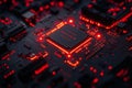 Microchip circuit board glowing with bright red lights in a dark environment