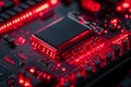 Microchip circuit board glowing with bright red lights in a dark environment