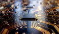 Microchip on Circuit Board with Glowing Gold Traces and Bokeh Effect Royalty Free Stock Photo