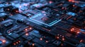 A microchip on a circuit board with glowing lights represents modern electronics and technology AIG62 Royalty Free Stock Photo