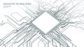 Microchip circuit board illustration. Thin electronic lines connect to the central processor. Technology, computing, and