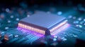 Microchip on a circuit board powering advanced computing performance and AI processing concept. Royalty Free Stock Photo