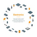 Microchip Computer Electronic Components Banner Card Circle Isometric View. Vector