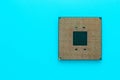 Microchip of computer on a turquoise background. Processor, cpu. Technology concept. Microprocessor of pc.
