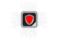 Microchip CPU Processor with Circuit and Red Protection Safety Shield. 3d Rendering