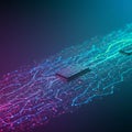 A microchip is depicted floating above a vibrant network of neon-colored circuitry Royalty Free Stock Photo