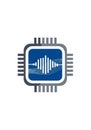 Microchip design with a stylized soundwave icon in the center. The chip is gray with a Royalty Free Stock Photo