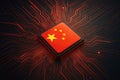 Microchip displaying the Chinese flag on a luminous red circuit board technology computer chip Royalty Free Stock Photo