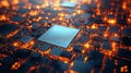 Microchip embedded in a glowing circuit board with vivid orange and teal lighting, emphasizing cutting edge electronic design,
