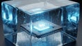 A microchip is encased in a transparent ice cube, glowing with a blue light, and displaying a complex circuit board and wires, Royalty Free Stock Photo