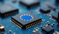 Microchip featuring EU flag Europe semiconductor innovation, sovereignty drive. Focus on advanced technology, industry Royalty Free Stock Photo