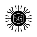 Microchip 5G icon with circuit lines radiating from central processor, black and white technology Royalty Free Stock Photo