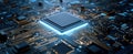 The Microchip Glowing Brightly in a Complex Circuit Board Landscape AI generated image Royalty Free Stock Photo