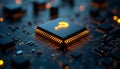 Microchip, glowing question mark, circuit board background, sci-fi mood.