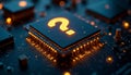 Microchip, glowing question mark, circuit board background, sci-fi mood.