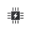 Microchip icon. CPU, Central processing unit, computer processor, chip symbol with lightning icon. Abstract technology logo.