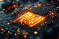 A close-up view reveals a microchip glowing on a printed circuit board, with vibrant Royalty Free Stock Photo