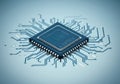 Microchip with intricate circuit design on a blue background