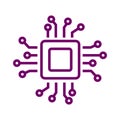 Microchip line icon. CPU, Central processing unit, computer processor, chip symbol in circle