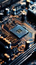 Microchip on motherboard. Electronic circuit board close-up. Advanced technology CPU processor for modern computers Royalty Free Stock Photo