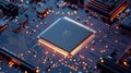 Microchip on motherboard. Electronic circuit board close-up. Advanced technology CPU processor for modern computers