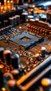 Microchip on motherboard. Electronic circuit board close-up. Advanced technology CPU processor for modern computers
