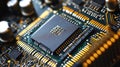 Microchip on motherboard. Electronic circuit board close-up. Advanced technology CPU processor for modern computers