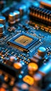 Microchip on motherboard. Electronic circuit board close-up. Advanced technology CPU processor for modern computers