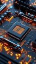Microchip on motherboard. Electronic circuit board close-up. Advanced technology CPU processor for modern computers