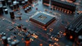 Microchip on motherboard. Electronic circuit board close-up. Advanced technology CPU processor for modern computers