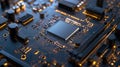 Microchip on motherboard. Electronic circuit board close-up. Advanced technology CPU processor for modern computers