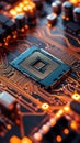 Microchip on motherboard. Electronic circuit board close-up. Advanced technology CPU processor for modern computers