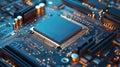 Microchip on motherboard. Electronic circuit board close-up. Advanced technology CPU processor for modern computers