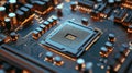 Microchip on motherboard. Electronic circuit board close-up. Advanced technology CPU processor for modern computers