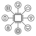 Microchip Network Vector with Cloud, Gear, Server, and Lock Icons in Line Style Royalty Free Stock Photo