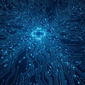 Microchip node with radiating blue circuit lines spread across a dark Royalty Free Stock Photo