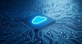 Microchip processor with glowing cloud symbol on a blue circuit board representing cloud computing technology and data storage Royalty Free Stock Photo