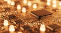 Microchip processor on golden circuit board closeup Royalty Free Stock Photo