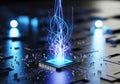 Microchip processor on a circuit board with vibrant energy threads rising and glowing blue light Royalty Free Stock Photo