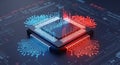 Microchip with Red and Blue Glowing Circuits and Data Streams processor computer Royalty Free Stock Photo