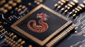 Microchip with Red Dragon Symbol on Circuit Board Royalty Free Stock Photo