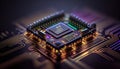 Microchip, surface zoom in computer chip technology, neon light lines, IT, macro photography