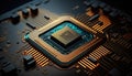 Microchip, surface zoom in computer chip technology, neon light lines, IT, macro photography