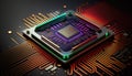 Microchip, surface zoom in computer chip technology, neon light lines, IT, macro photography