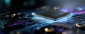 The Microchip Surrounded by Advanced Circuitry and Vibrant Light Patterns..AI generated image Royalty Free Stock Photo